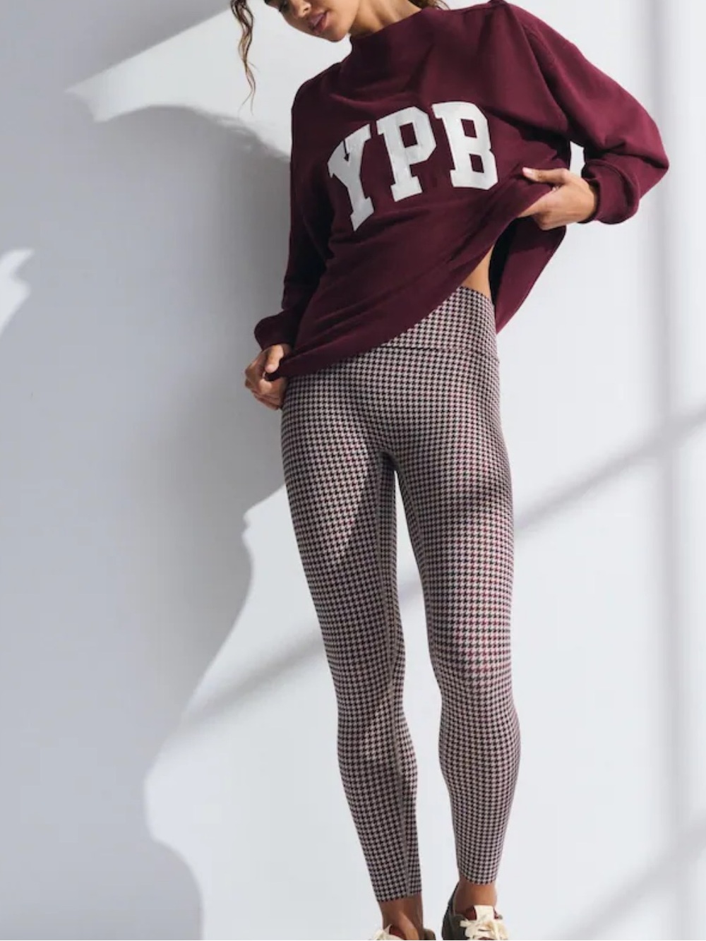 NWT Abercrombie YPB brown Houndstooth double layer Leggings Curve Love - M